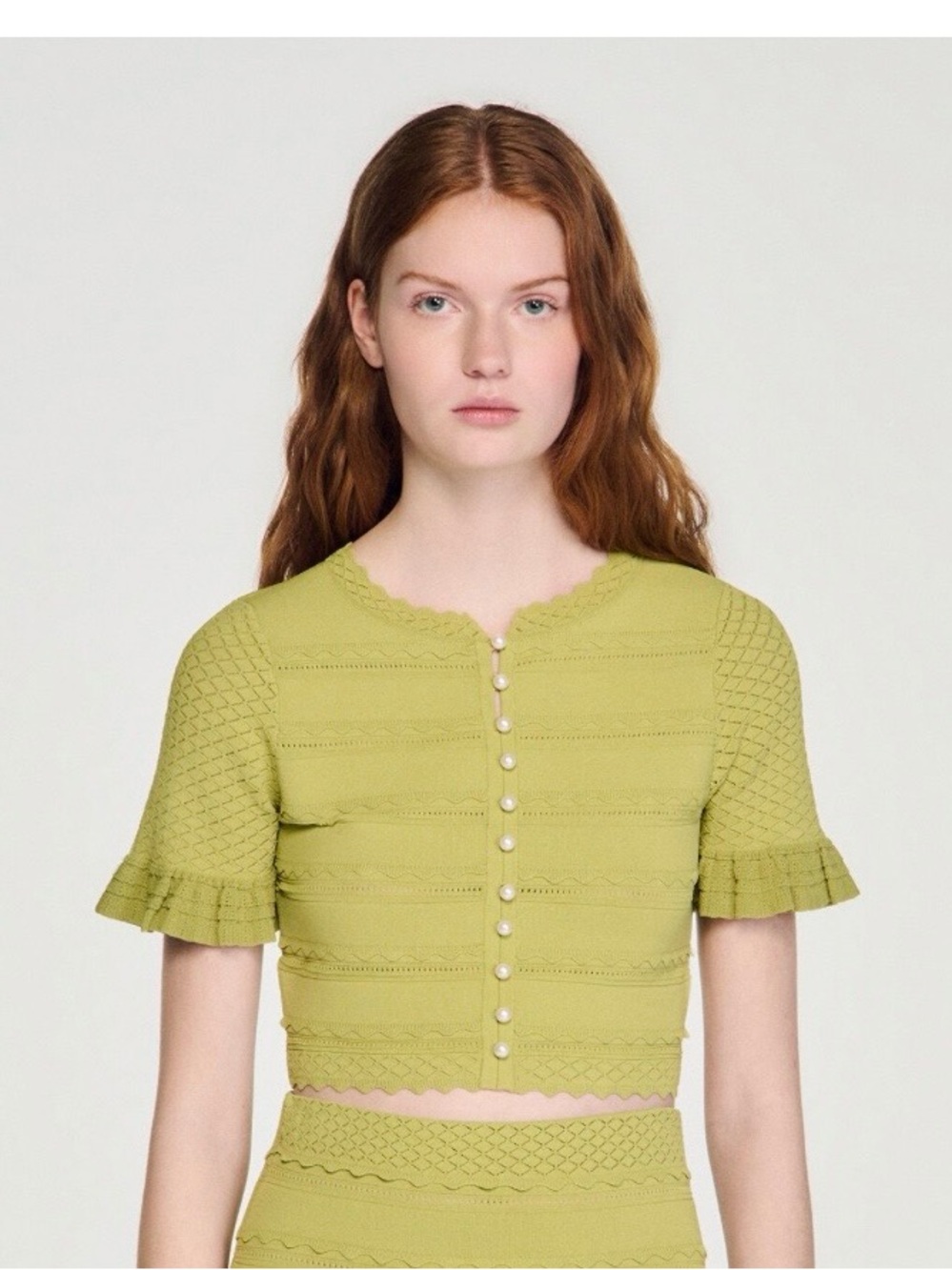 Sandro RuffedPearl-Button Cropped Knit Top in Lime